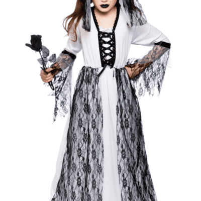 Wicked Ghastly Ghost Bride Dress & Headpiece Girls Ghoul Halloween Fancy Dress