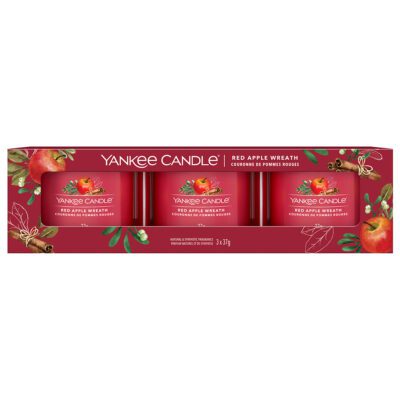 SALE Red Apple Wreath Set of 3 Filled Votives Christmas Gift Sets - Yankee