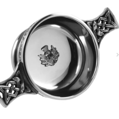 3 Inch (76ml) Celtic Knot Handle Pewter Quaich Bowl with Scottish Thistle Badge