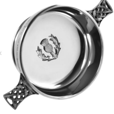 4.5 Inch (115ml) Celtic Knot Handle Pewter Quaich Bowl with Scottish Thistle Badge