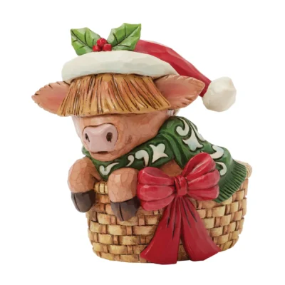 Jim Shore Highland Cow in Basket Mini Christmas Heartwood Creek 9cm