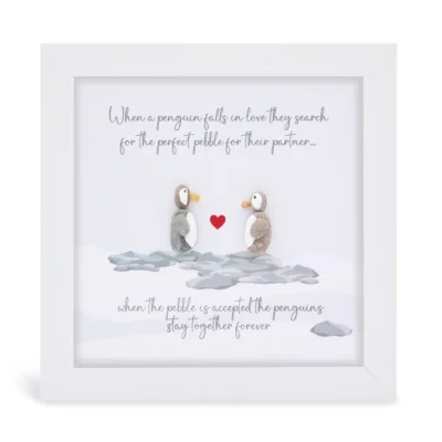 White Pebble Art Frame 6" x 6" Penguins - When a penguin falls in love they search for the perfect pebble for their partner